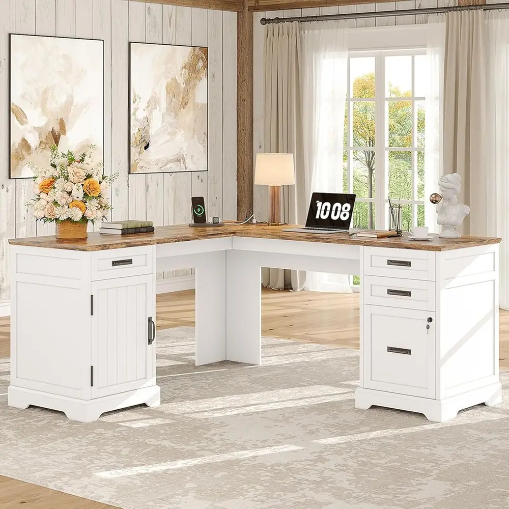 67 L-Shaped Desk with Drawers or Home Office, White | Computer Desk with File Cabinet and Charging Station, Large Executive L De