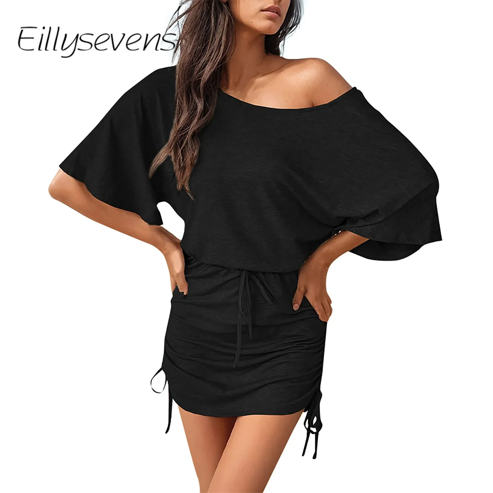 

Summer New Dress For Ladies Slanted Shoulder Batwing Sleeve Short Skirt Dress Casual Upper Loose Lower Tight Drawstring Dress