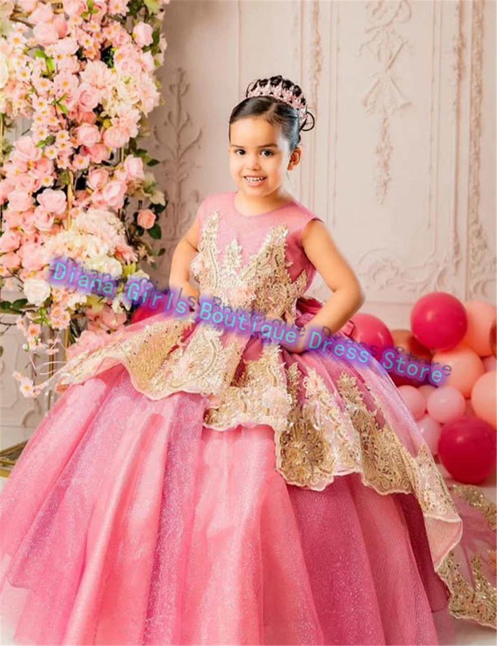 Gorgeous Pink Flower Girl Dress Tulle Fluffy Quality Gold Appliques Wedding Kids Birthday Party Evening Dresses Customised Gowns