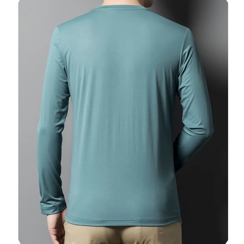 High end Mulberry Silk Men Long Sleeve Business T-Shirt 2024 New Round Neck Solid Tee Top Elastic Luxurious Men Clothing