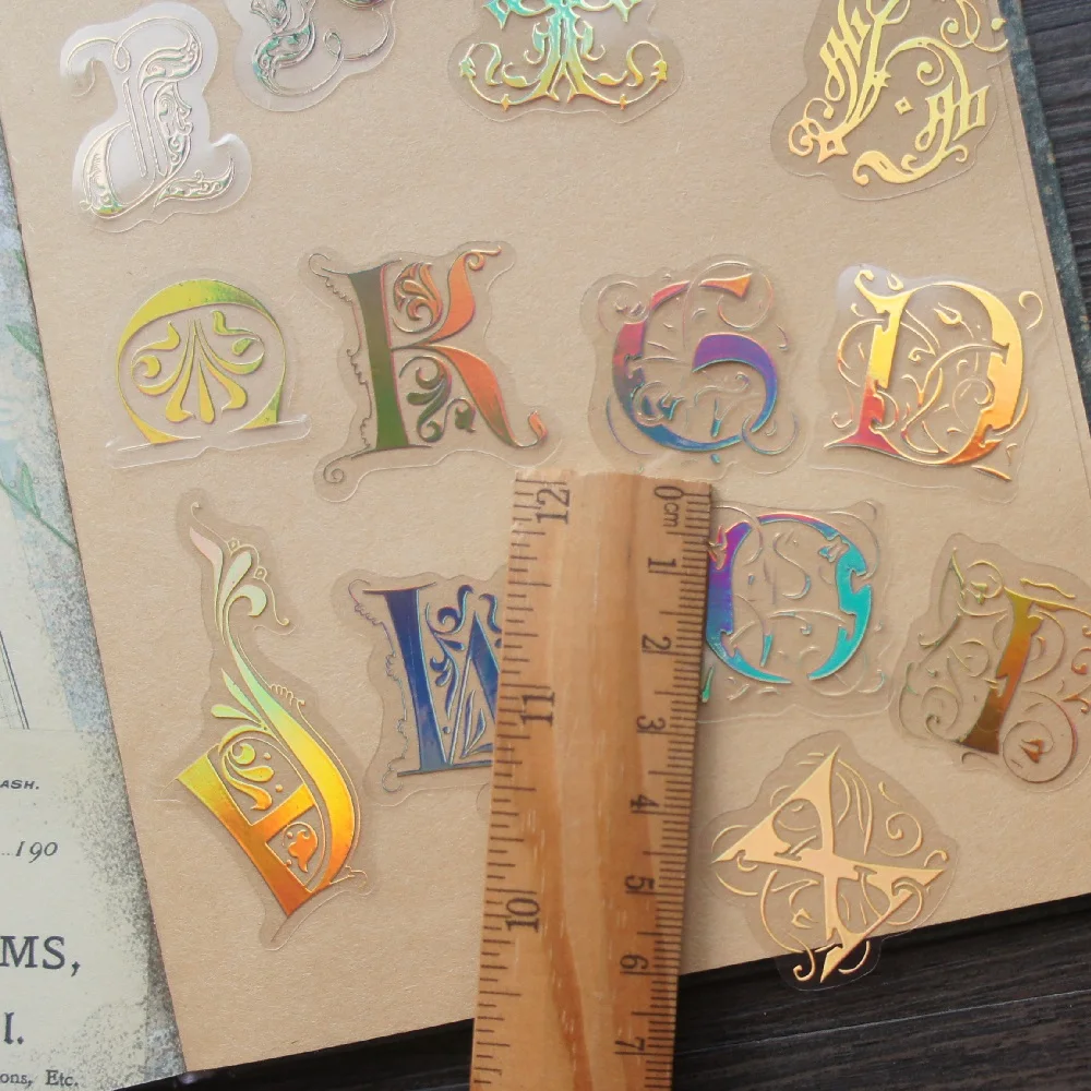 52pcs Gold Fancy English Letter Writing Style PVC Sticker Scrapbooking DIY Gift Tag Decoration