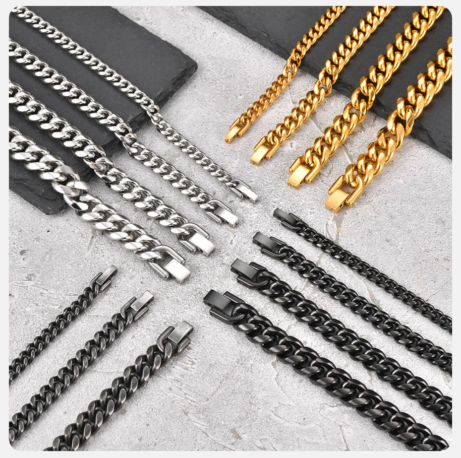 Vnox Herren Edelstahl Cuban Link Armband, Schwarz Gold Silber Grau Farbe Punk Kette Armband, Hip Hop Biker Schmuck Geschenk – Detail 5