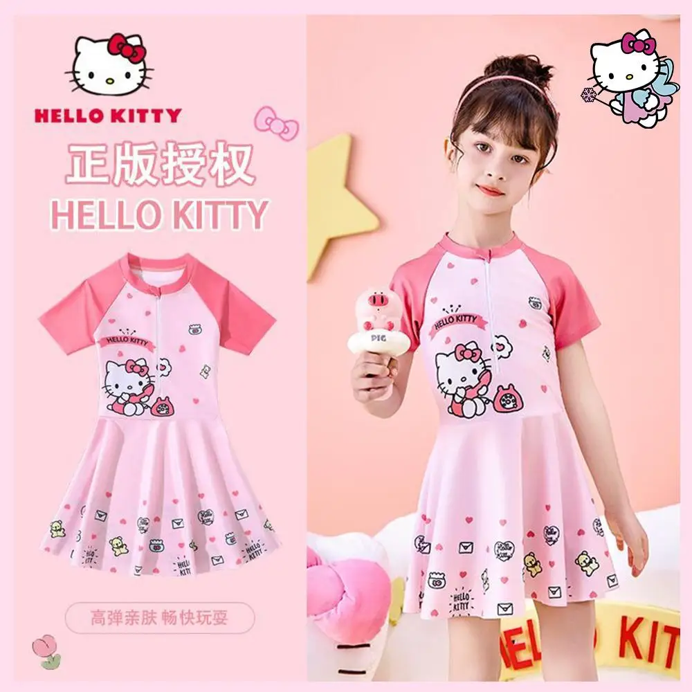 

Детский купальник в стиле аниме Sanrio Kawaii Hello Kitty, летний купальник принцессы с героями мультфильмов для девочек, быстросохнущий солнцезащитный крем, пляжная одежда
