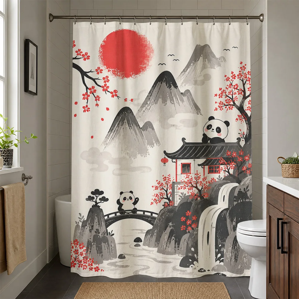 Cute Panda Mountain Landscape Shower Curtain Bathroom Decor Waterproof Washable Anime Style Shower Curtain