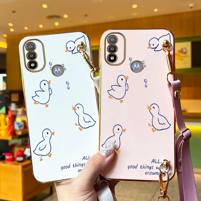 Singing Duck Lanyard Plating Phone Case For Motorola Moto E20 E32 E22i E22 E7Power E13 E7 E7Plus G22 G30 G42 G32 G50 G23 Cover