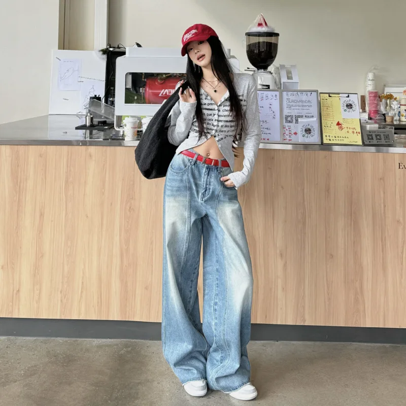 

American Retro Curved Knife Jeans for Women, Spring and Autumn New Design, Trendy Banana Pants, Loose Wide-Leg Pants