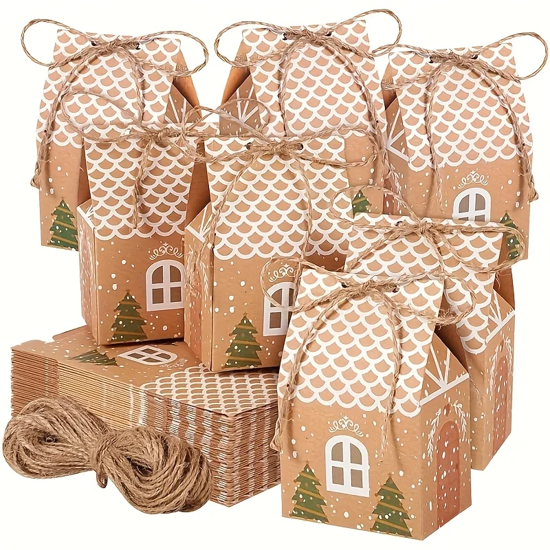 Mini-Geschenkboxen aus Kraftpapier mit Lebkuchenhaus-Design – verschneidendes Dach, Zuckerguss-Punkte und Zuckerstangenmuster, Bindfadenverschluss für Weihnachten
