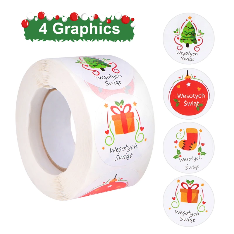 

500pcs Wesołych Świąt Merry Christmas Stickers Roll Holiday Gift Packaging Labels 38 Sealing Stickers for Envelope Boxes Bags