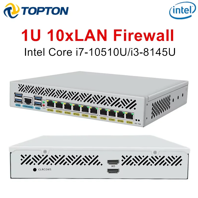 Topton  1U 9.5 Inch Rack Mount Firewall Appliance Mini PC Intel Core i7 10510U i3 8145U 10x1GbE LAN Routing System Home