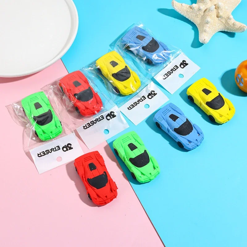 4Pcs/Lot Cute Race Car Eraser Set 3D Cartoon Sports Car Shaped Pencil Rubber Kids Student Stationery School Reward Party Favors