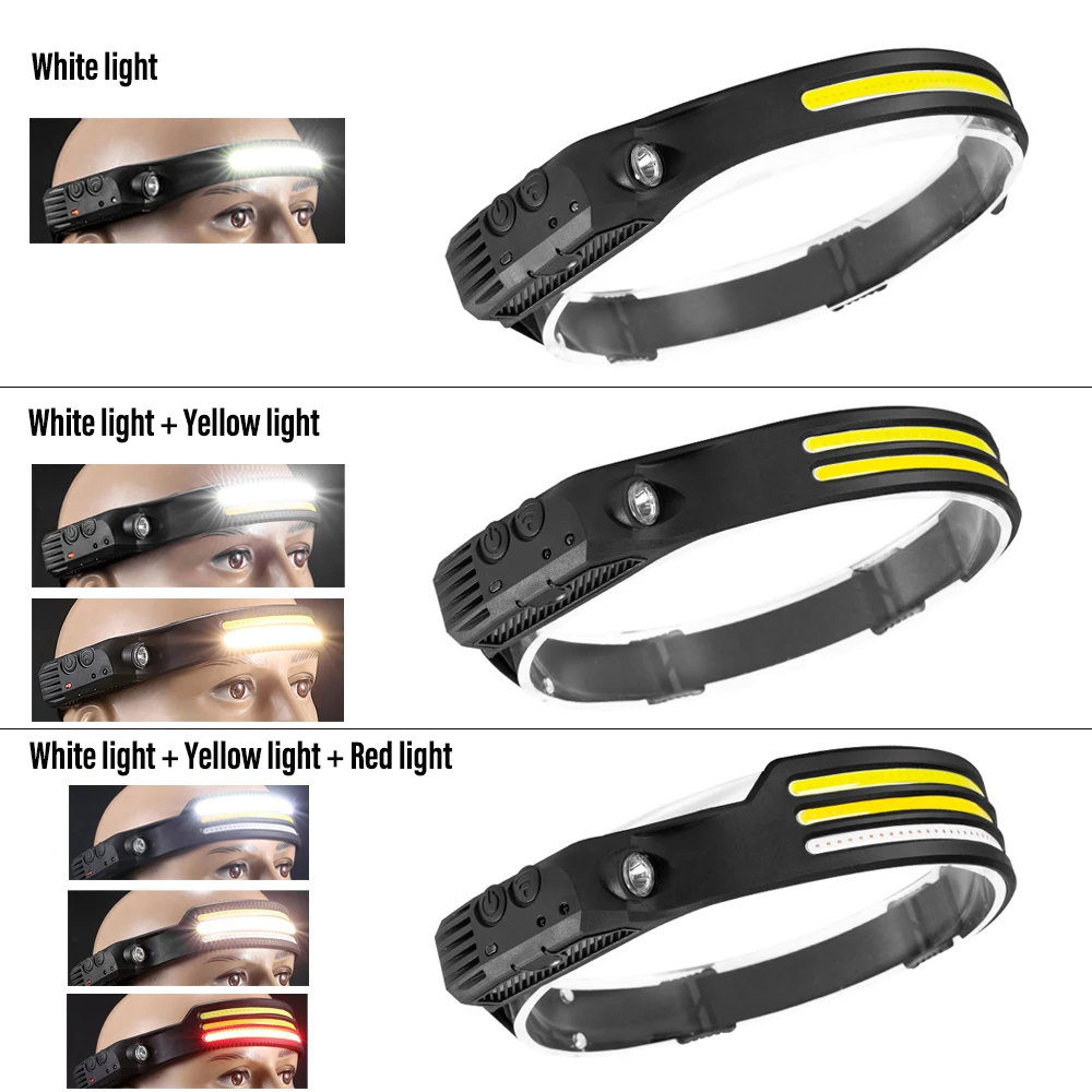 Induction Headlamp COB LED Sensor Head Lamp Built-in Battery Flashlight USB Rechargeable Head Torch 5 Lighting Modes Headlight