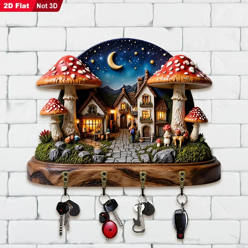 2D Flat, 1pc, Fairy Tale Mushroom House Theme Key Hook, Wooden Multifunctional Home Key Rack, with Four Metal Hooks, Wall