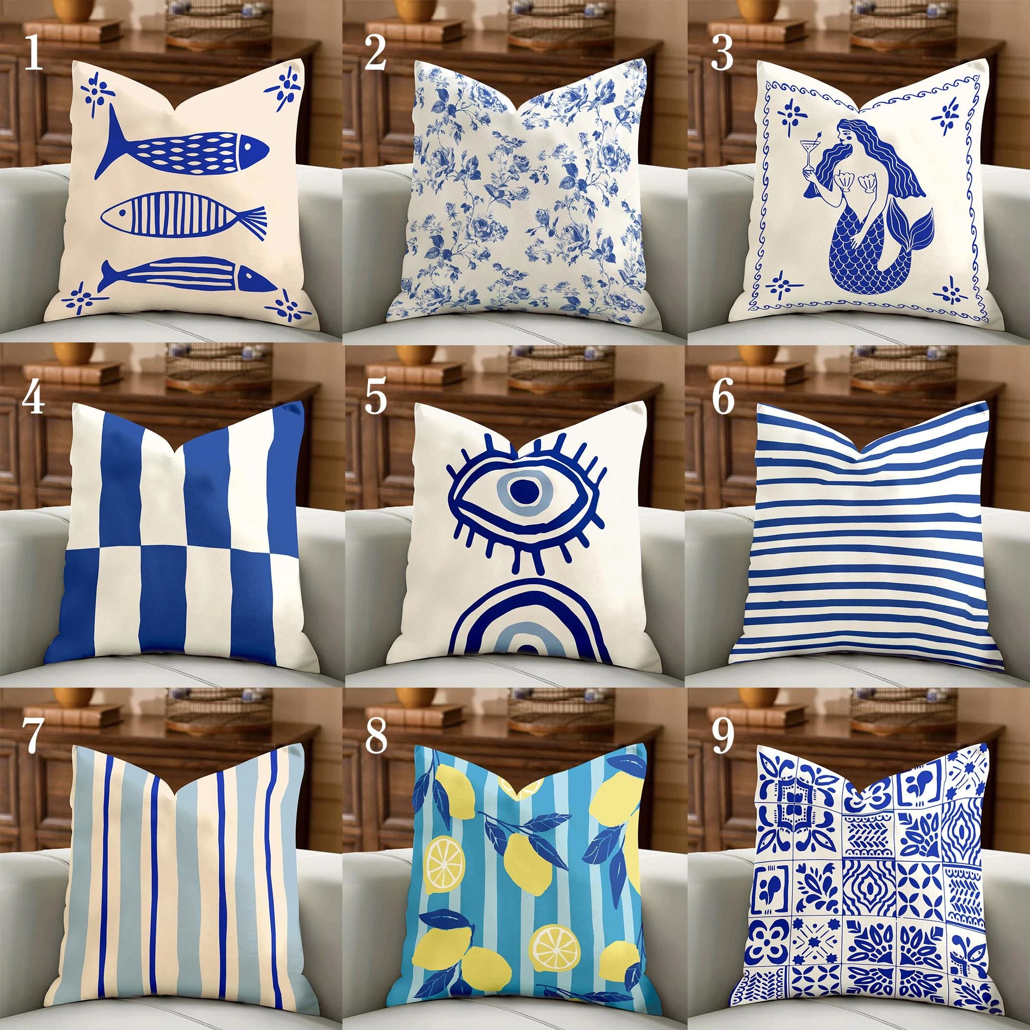 1pc Blue Coastal Throw Pillow Cover, Nautical Mediter 2D Double-Side Print Polyester Cushion Case for Sofa Maximalist Eclectic