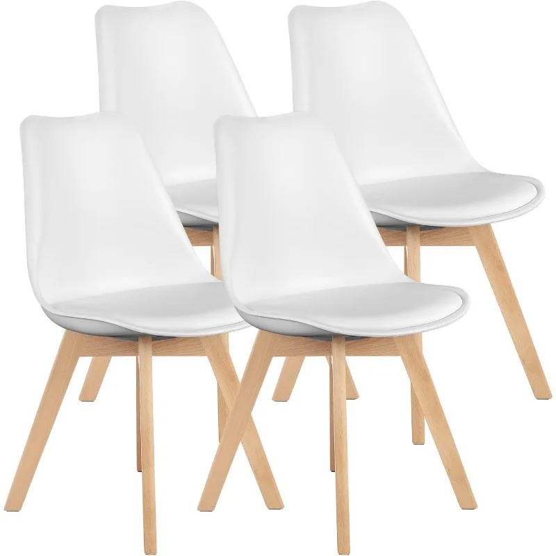 

Dining Chairs Set of 4, Mid-Century Modern Dining Chairs with Wood Legs and PU Leather Cushion, Kitchen Chairs, White