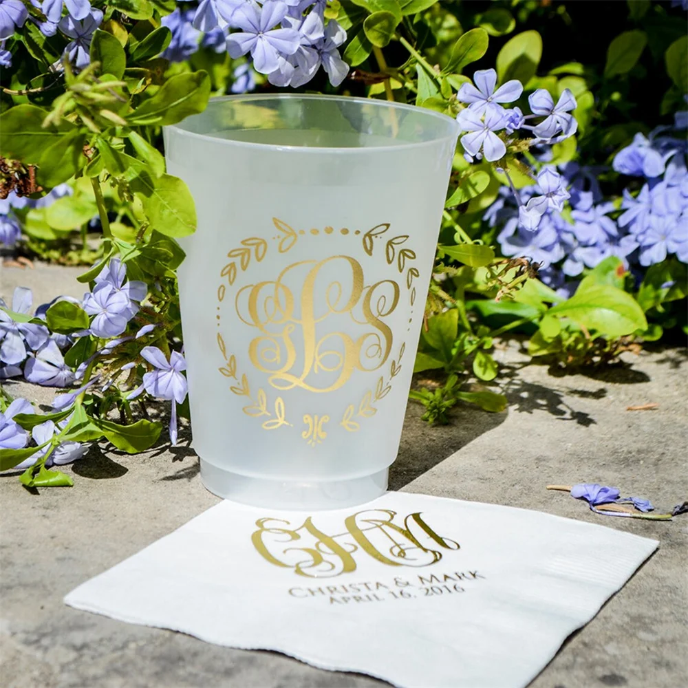 

Monogram Shatterproof Cups, Personalized Wedding Cups, Custom Printed Clear Frost Flex Cups, Script Monogram Cups, Printed Bar C