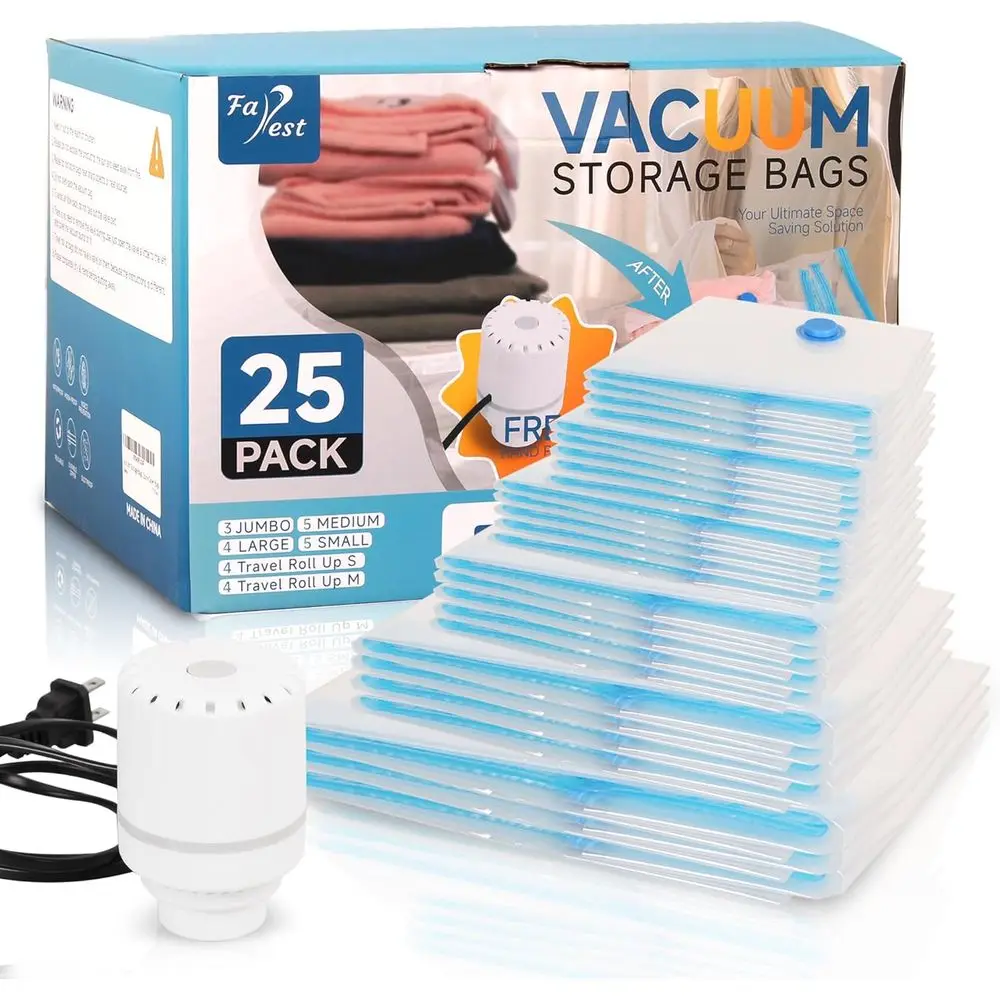 

25-Piece Vacuum Storage Set with Pump: Jumbo, Large, Medium, Small Bags for Bedding, Clothes, Travel