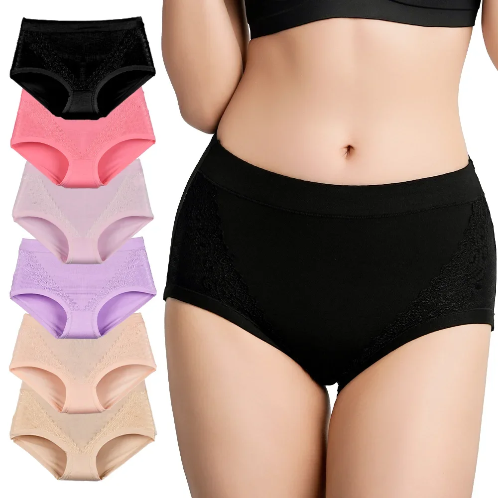 

6Pcs 2024 Women Mid Waisted Panties Ladies Full Coverage Briefs Soft Stretch Modal Lace Underpants Plus Size Female Underwear