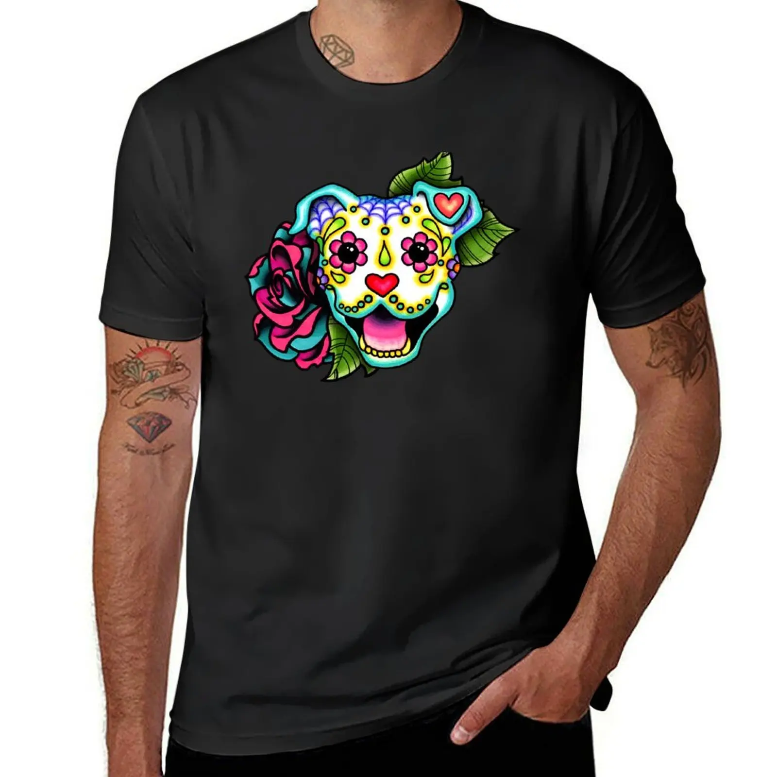 Smiling Pit Bull in White - Day of the Dead Pitbull - Sugar Skull Dog T-Shirt blacks for a boy tops funny t shirts for men