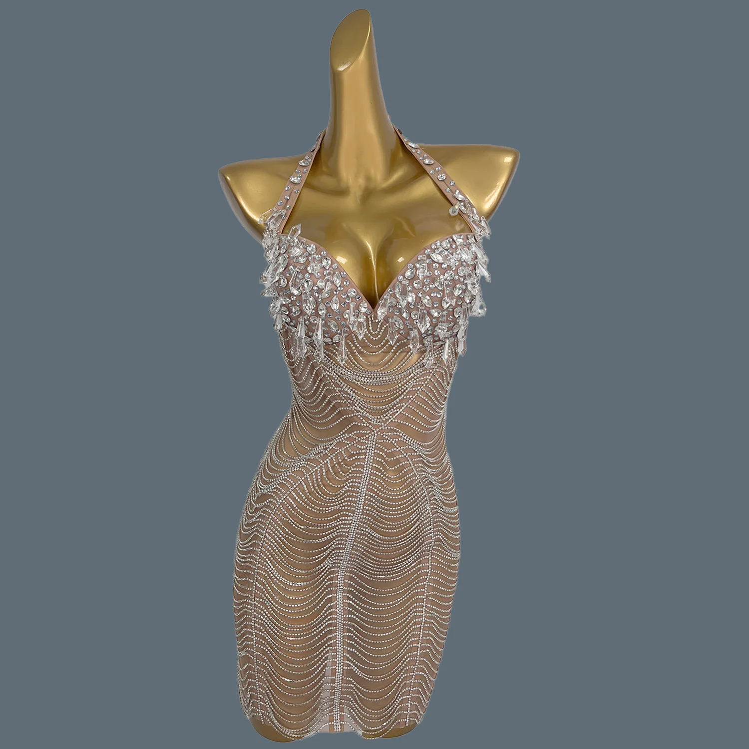 

Sparkly Rhinestones Luxury Dinner Sexy Mesh Backless Mini Dress for Women Prom Party Birthday Celebrate Party Show Dress Xingzhi