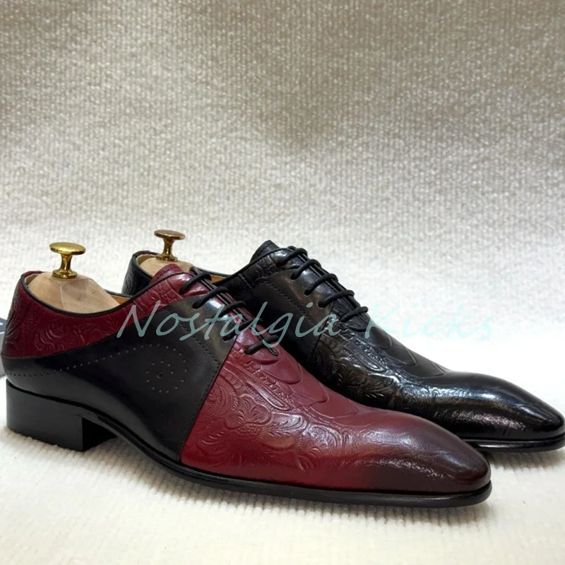 

2025 Red Black Genuine Leather Dress Shoes Casual Pointed Toe Embroidered Flower Oxford Shoes Formal Lace Up Party Men's Loafers