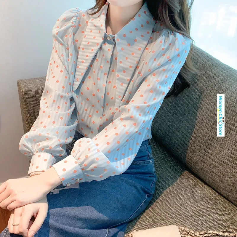 

French Polka Dot Chiffon Shirt Women Tops Bubble Long Sleeves Pointed Collar Loose Casual Elegant Sweet Blouse Camisas Girl 7210