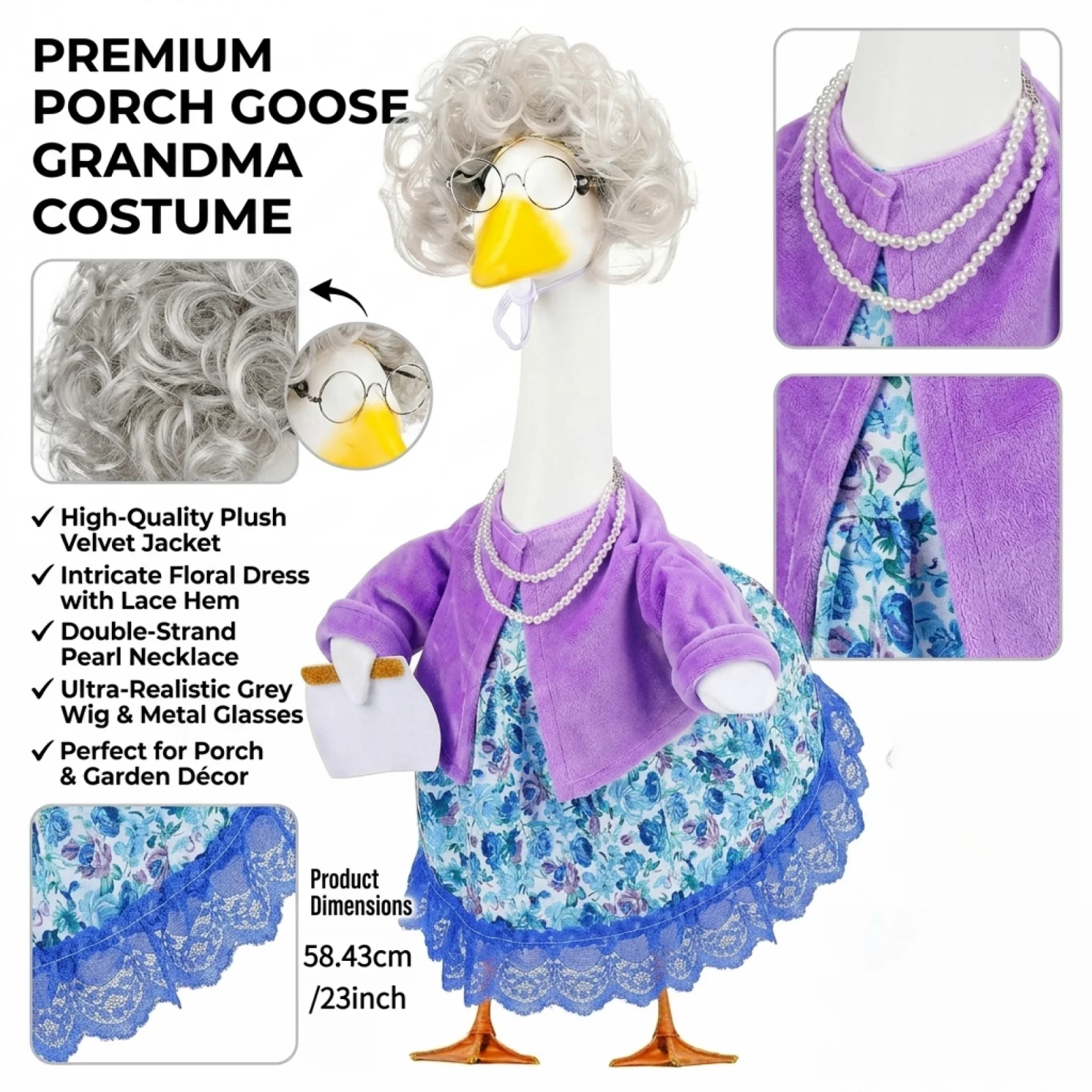 Porch Goose Outfit, Old Lady Floral Dress with Wig Glasses Holiday Goose Statue Clothes Garden Decoration