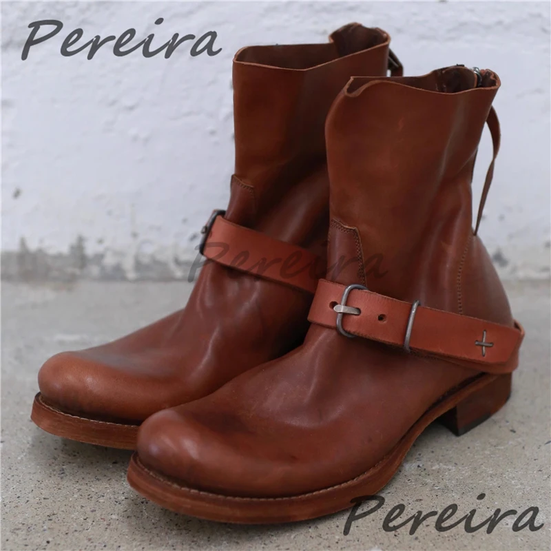 

Retro Upturned Soft Leather Knight Boots for Men Round Toe Belt Buckle Back Zipper Short Boots Spring Summer New Men's Shoes