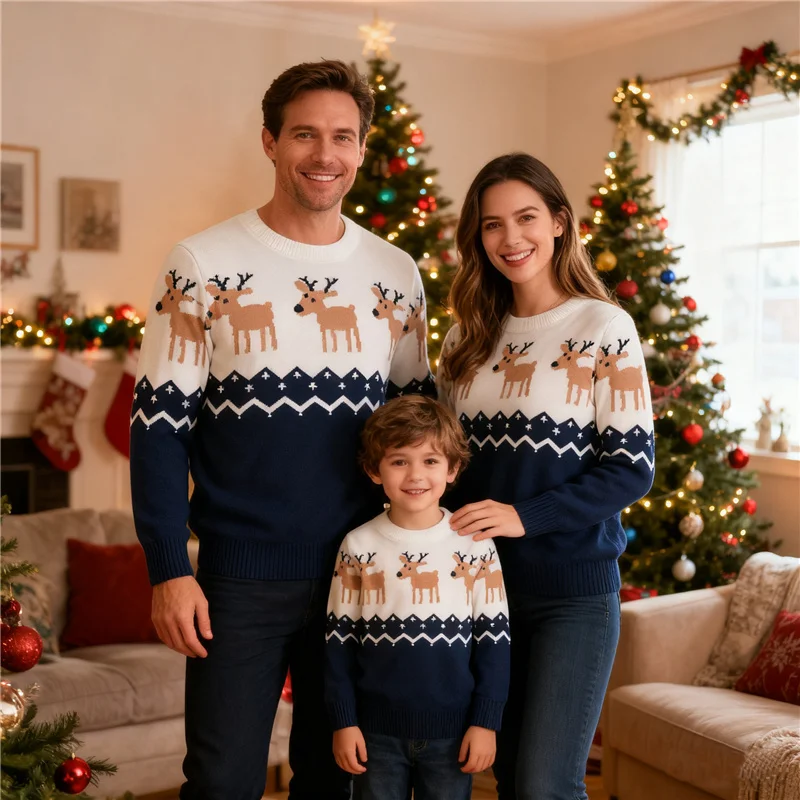 Christmas Family Matching Sweater Winter Xmas Cartoon Elk Print Warm Knitwear Adult Kids Long Sleeve Pullover Tops Streetwear
