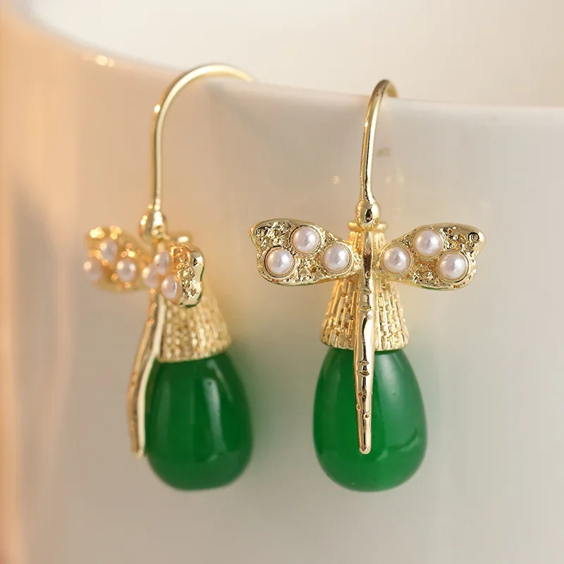 Artistic Retro Dragonfly Shape Drop Earrings Inlay Green Cubic Zircon Women's Earring Daily Fashion Cute Jewelry Accessory
