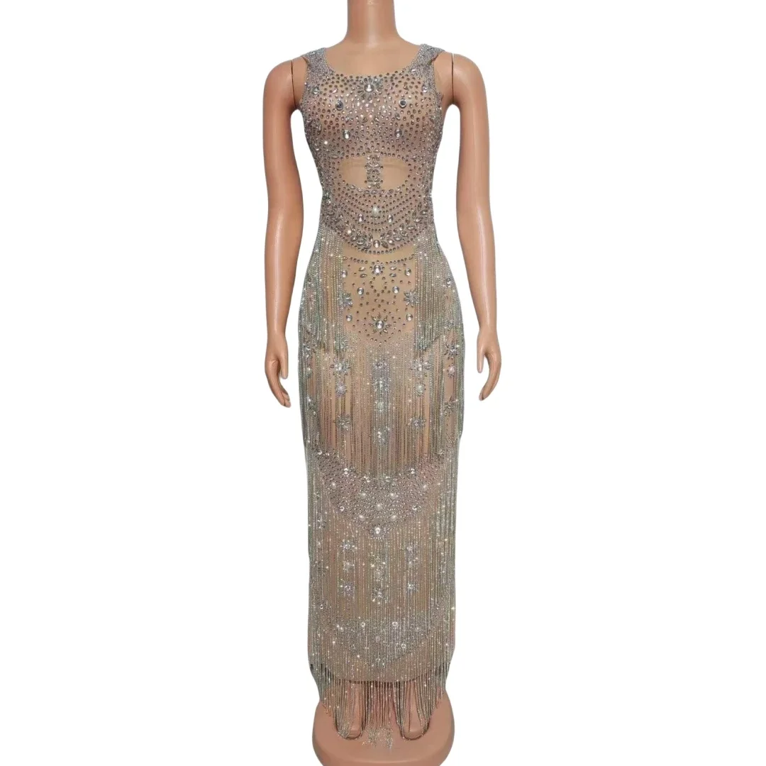 

Sleevelss Full Rhinestone Drill Chain Long Dress For Women Mesh Sheer See Through Senior Goddess Club Prom Evening Queen Outfit