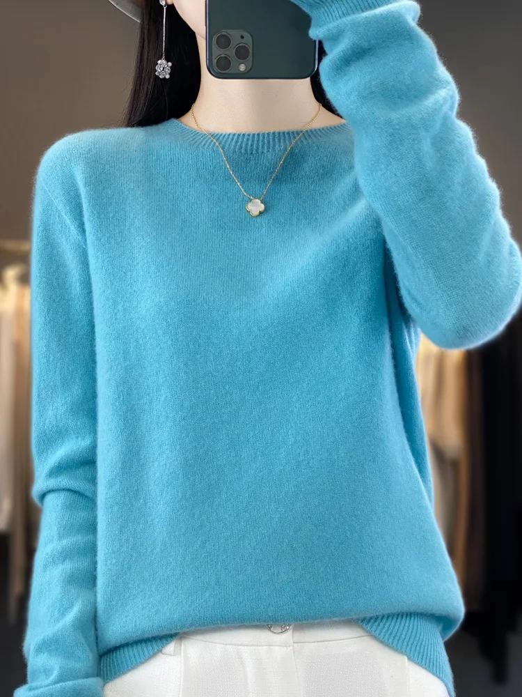 100% pure wool 2024 autumn and winter new cashmere sweater women\'s O-neck pullover fashion solid color long sleeve pullover.