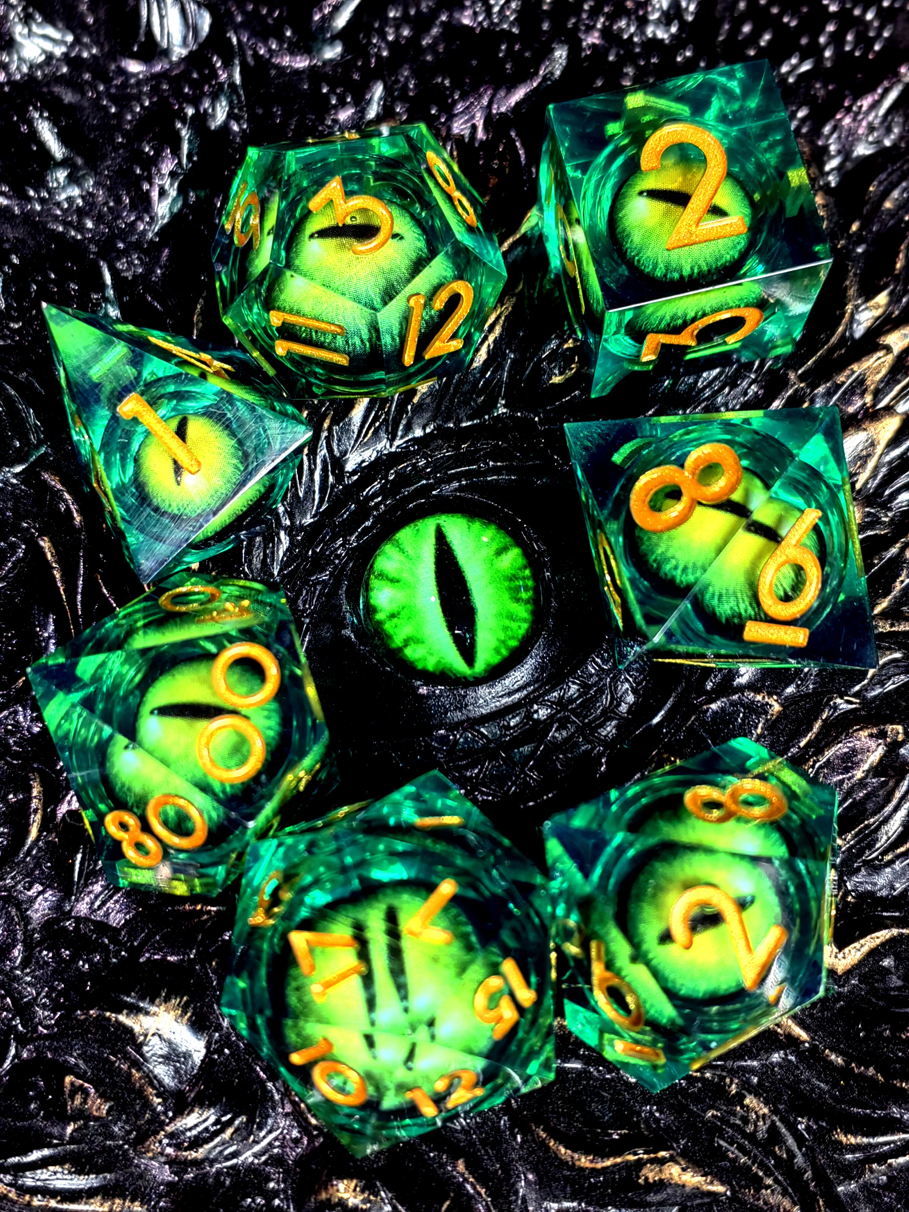 DnD Resin Dice Set - 7-Piece Polyhedral Dice with Spinning Dragon Eye Core, Light Green with Gold Letters for Tabletop RPG Games