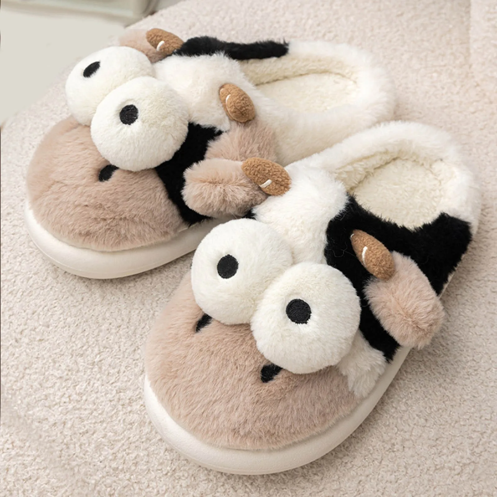 

Winter Women's Cute Cartoon Cow Warm Plush Slippers Couple's Indoor Non-slip House Slides Men Women Toe Wrap Home Cotton Shoe