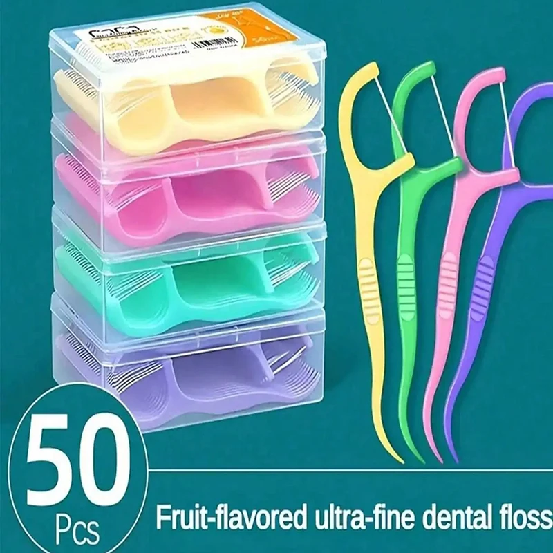 50pcs/box Super Thin Smooth Disposable Floss, Individually Packaged, Fruit Flavor Floss Stick, Home Pack Toothpick, Portable Box