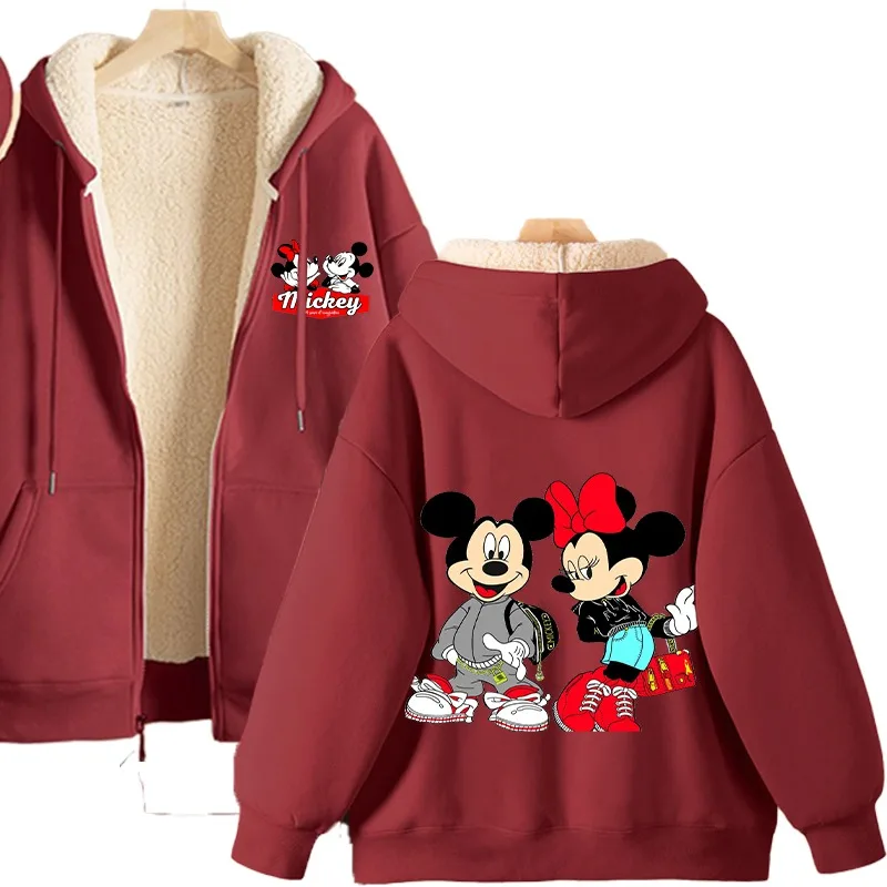 Disney Minnie Mickey Mouse Adult Thick Hooded Sweatshirt Women Men Winter Clothes Anime Movie Character Prints Sweatshirts Gifts