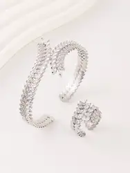 1 piece set European and American fashion copper design sense opening adjustable micro inlaid wheat ear bracelet ring set