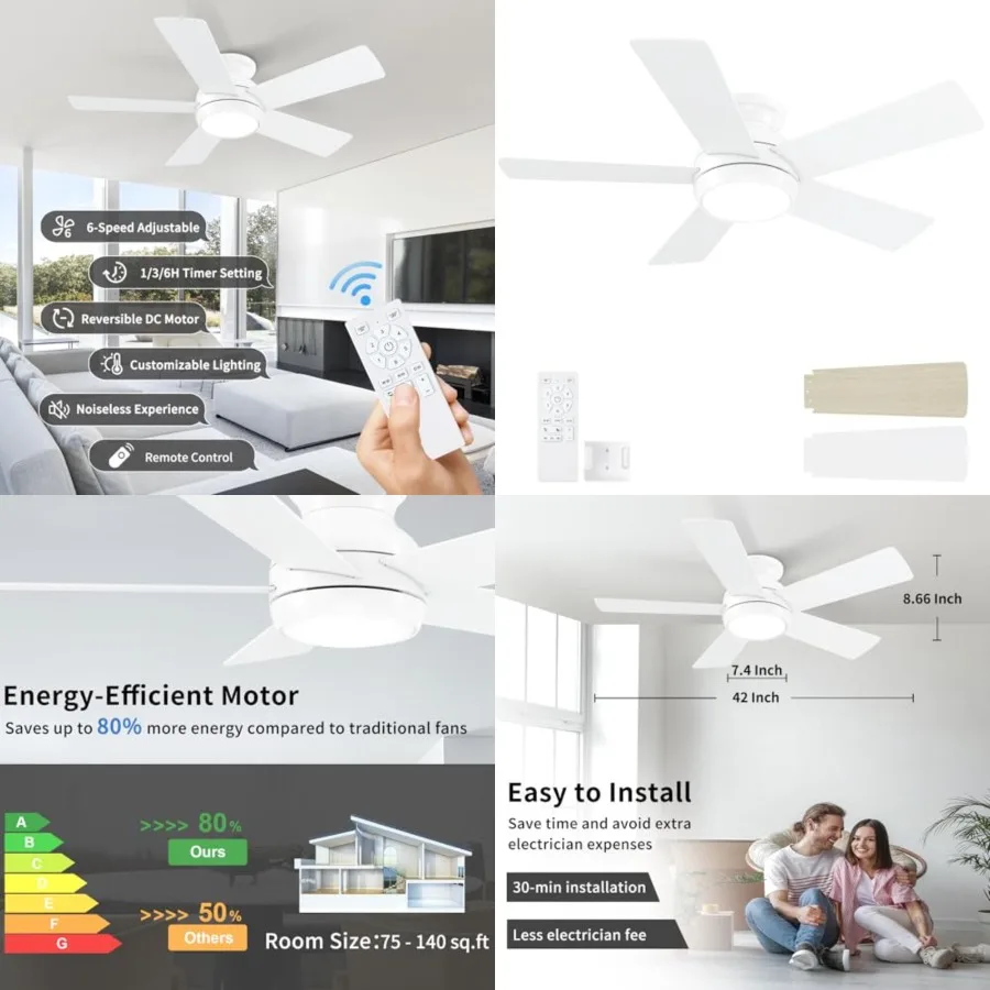 

Ceiling Fans with Lights and Remote, LED Low Profile Flush Mount Ceilg Fan for Bedroom, Livg Room, Patio, Quiet DC Motor, 5 Bla