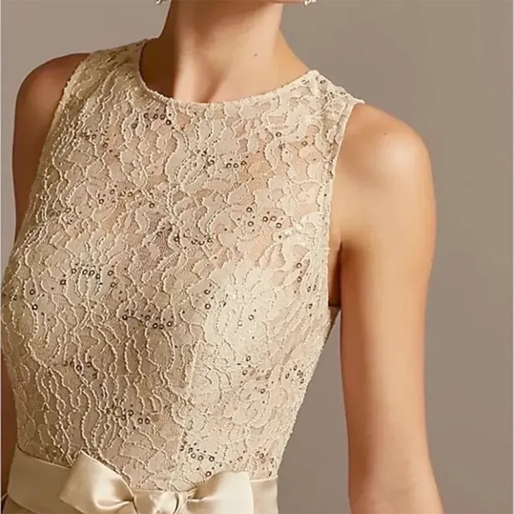 

Elegant O-Neck Lace Sleeveless Sashes Bow Pleat Straight Formal Evening Dresses Birthday Party Prom Gowns Customized
