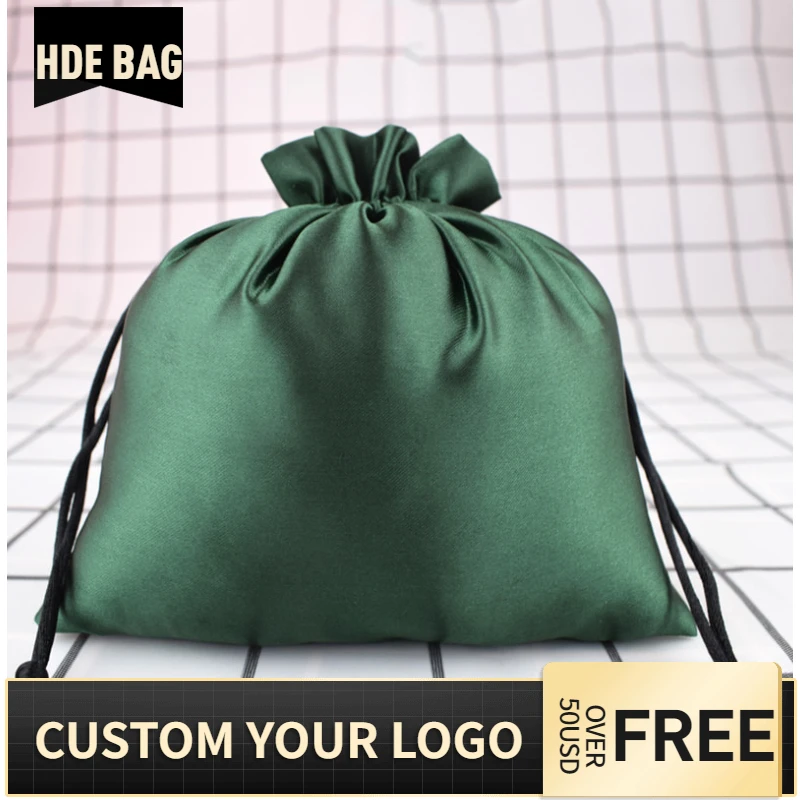 

High Quality Deep Green Satin Hair Extensions Storage Bag Shoes Clothes Dust Bag Wig Beauty Case Packaging Drawstring Bag