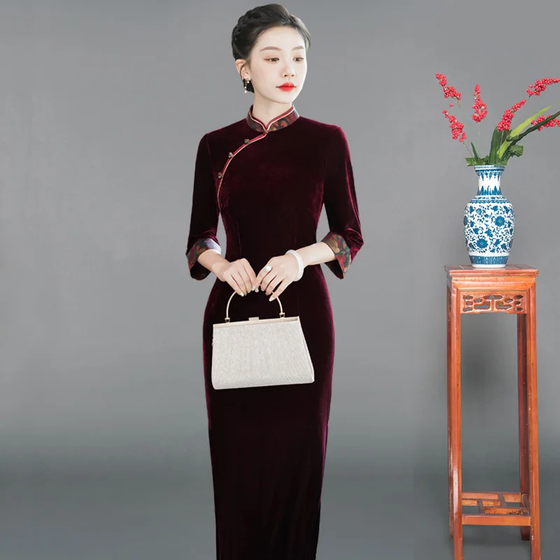 

Slimming Effectiven plus Size Qipao Dr Belly Concealing Flattering Design Daily Wear Comfortable Velvet Fabric