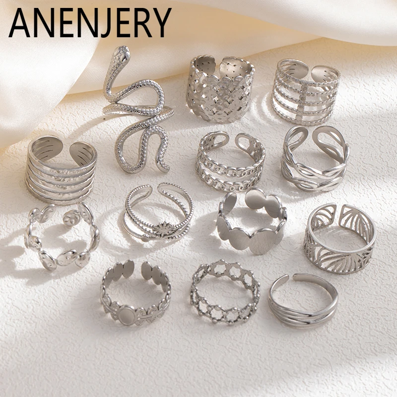 ANENJERY 316L Stainless Steel Snake Multi Layer Circular Line Star Open Ring for Women Men Exaggerated Jewelry Gifts Wholesale