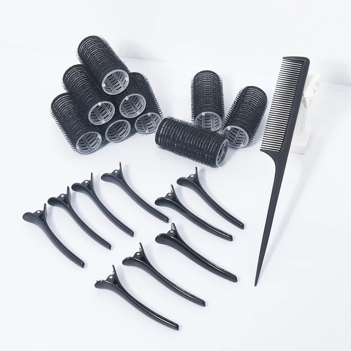 Kit di accessori per capelli styling da 19 pezzi, bigodino senza calore, clip a becco d'anatra, pettine a denti fini a coda appuntita, speciale per parrucche di capelli veri
