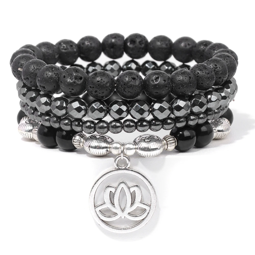 Männer Stein Armband Set Multi-schicht Schwarz Vulkanischen Holz Perlen Elastische Armband Viking Homme Pulsera Hombre Hip-Hop Punk schmuck