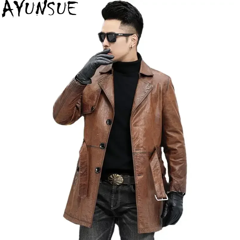 AYUNSUE Genuine Cowhide Coat Winter Leather Jacket for Men Autumn Brown Leather Jackets Mens Coats Mulberry Silk Liner SGG695
