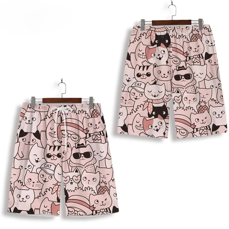 2026 New Shorts for Children, Men, Cartoon Cats, 3D Printed, Summer Thin Casual Pants, Suitable for Water, Beach Pants