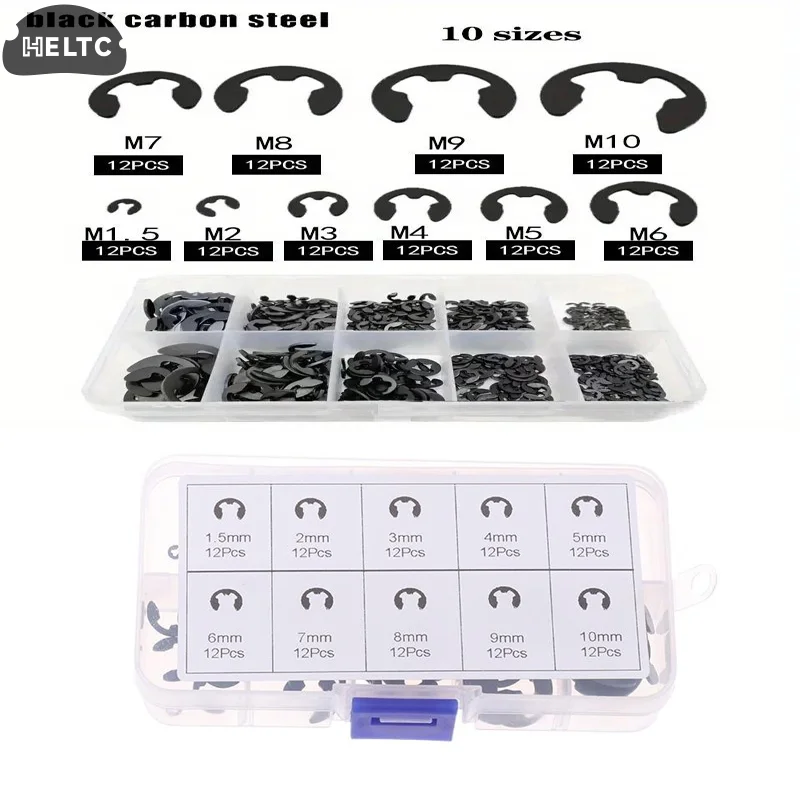 120PCS High Quality Black Stainless Steel Retaining Circlip Set Snap Ring E-Clip Washer Assortment For Shaft Fastener M1.5-M10