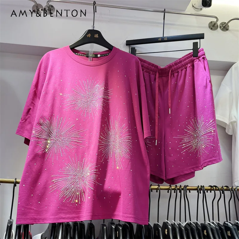 

European Style Rhinestone Fashion Short Sleeves T-shirt And Shorts Set 2026 Summer New Oversized Slimming Women's 2 Piece Outfit