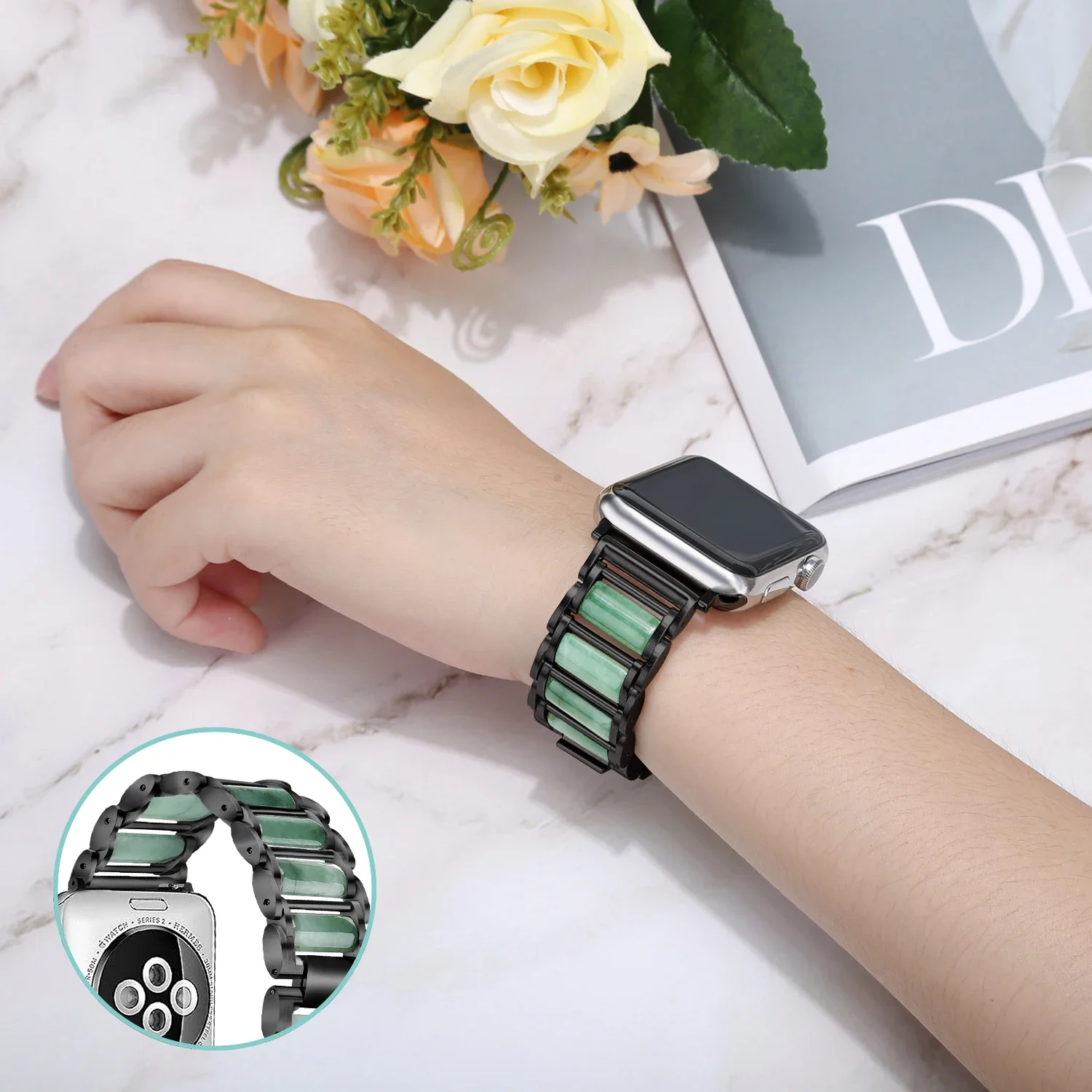 Jade jewelry+Metal Strap For Apple watch 49mm 45mm 44mm 46mm 42mm 41mm 40mm Bracelet Belt iWatch Series Ultra 10 9 8 7 6 5 4 SE