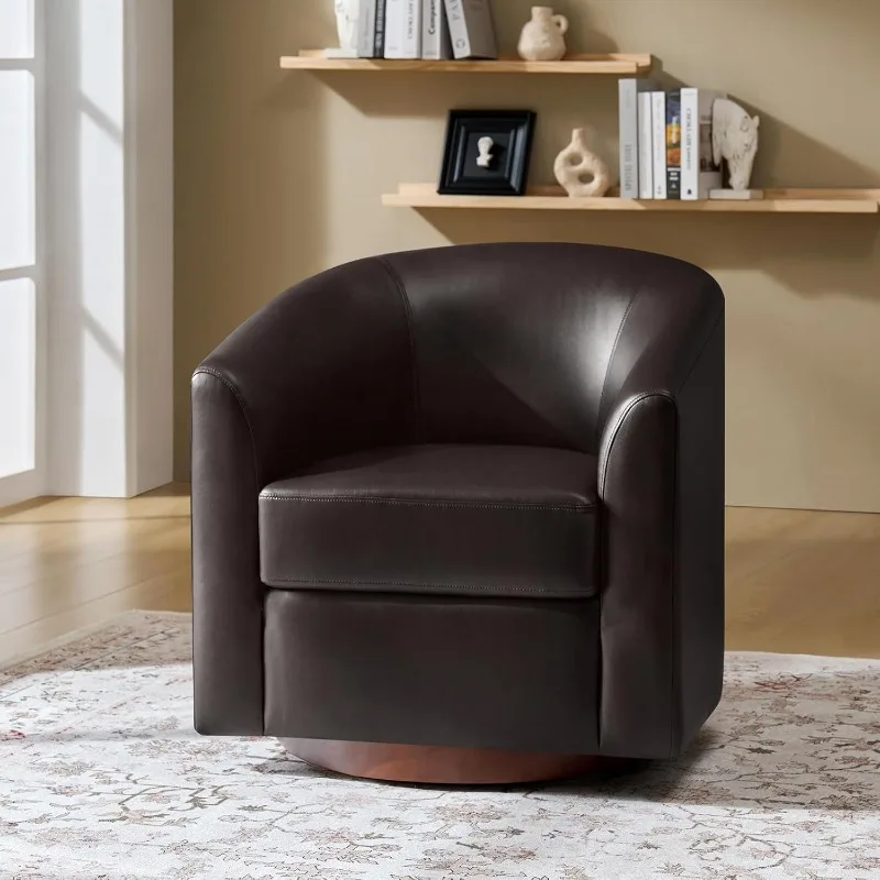 

Faux Leather Swivel Accent Chair with Solid Wood Base, Round Swivel Barrel Chair for Living Room and Bedroom, Brown