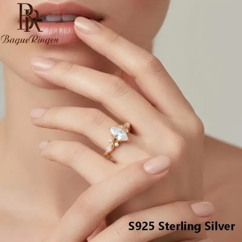 Irregular-shaped diamond ring 5*10mm marquise moissanite main stone s925 silver gold-plated fashion wedding ring for girlfriend